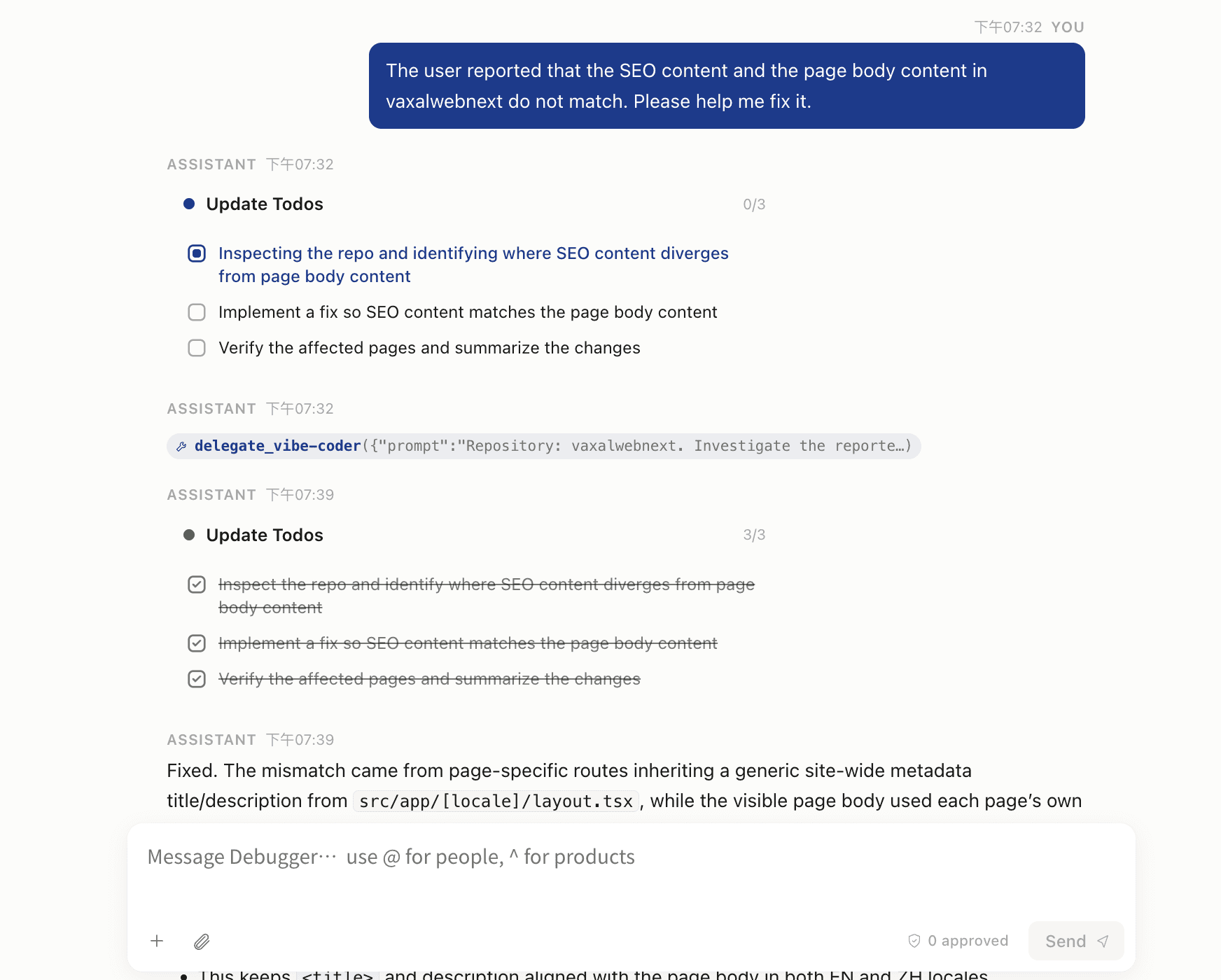 A Vaxal engineer walking a full bug-to-release workflow on a mobile chat interface.